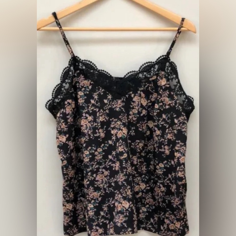 SHEIN Black Floral Lace Trim Cami Top Size Large